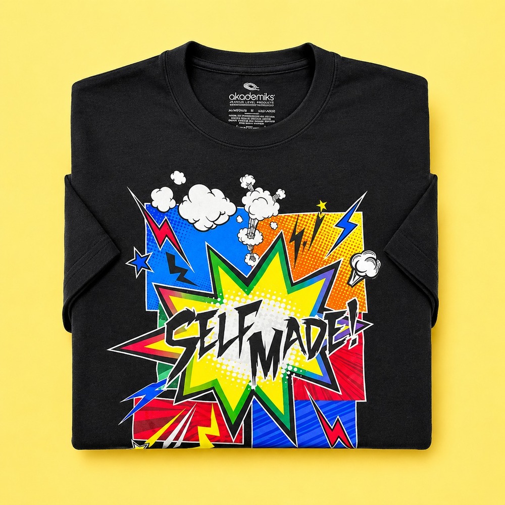 Akademiks Mens Self Made Comic Graphic T-Shirt Black Size L Streetwear Tee
